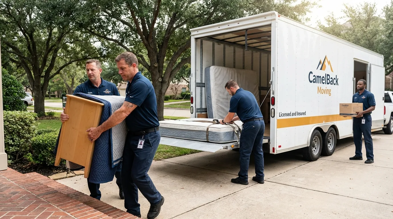 Crew loading residential truck for cross-state move from Amboy, IL