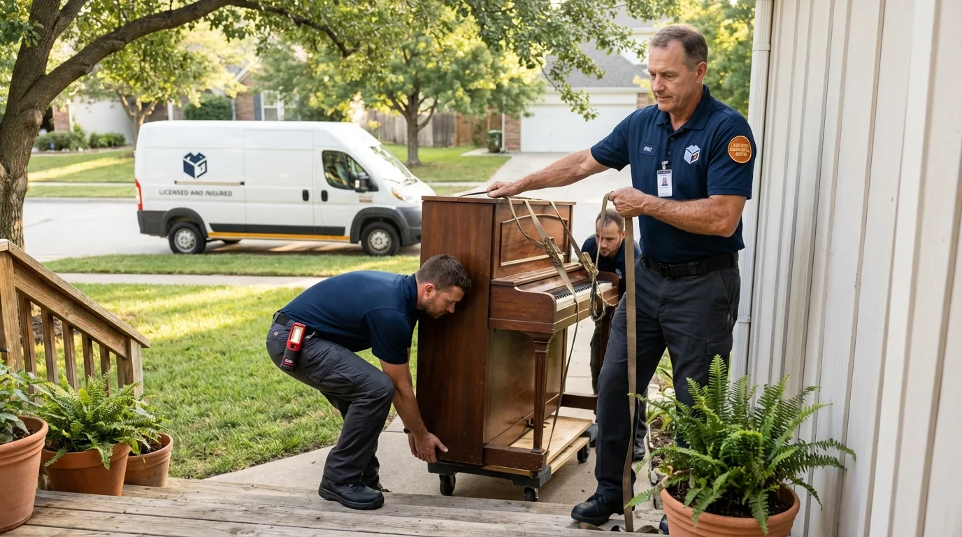Licensed piano movers securing grand piano in Amboy, IL