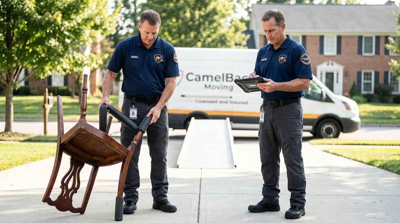 Movers inspecting furniture for damage prevention before loading in Amboy, IL