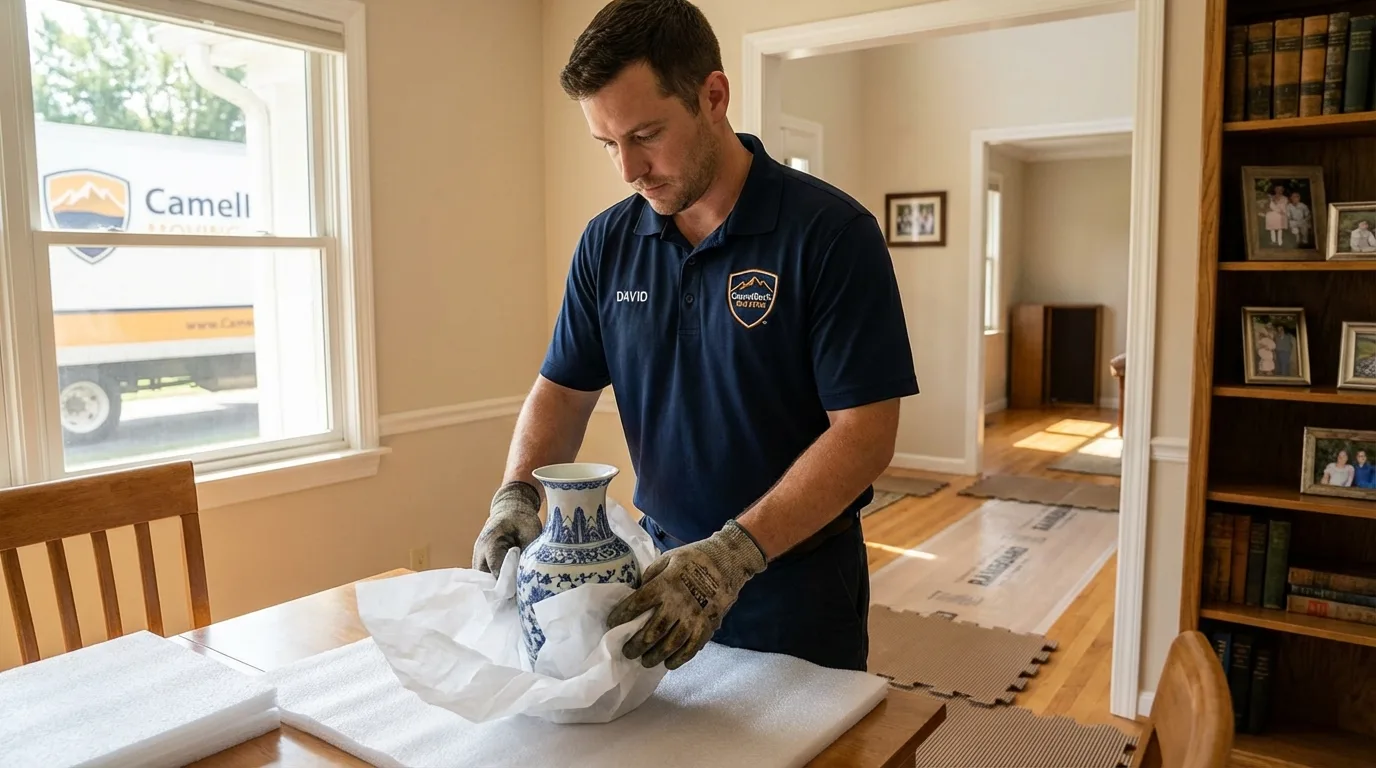 Professional crew carefully wrapping antique vase for senior downsizing move in Amboy, IL