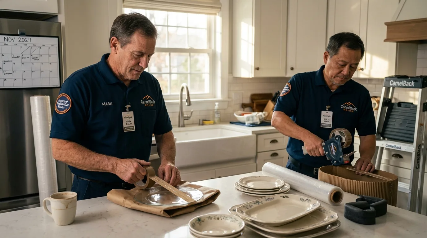 Professional crew packing kitchen dishware in Amboy, IL